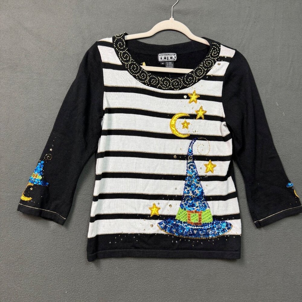 Vintage Berek Women's Sweater Striped Black & White Sweater Sequined Witch Hat S